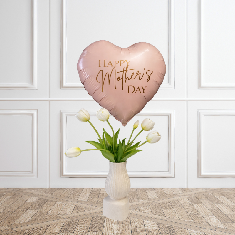 Mother’s Day Blush Heart Helium Balloon & Tulip Vase