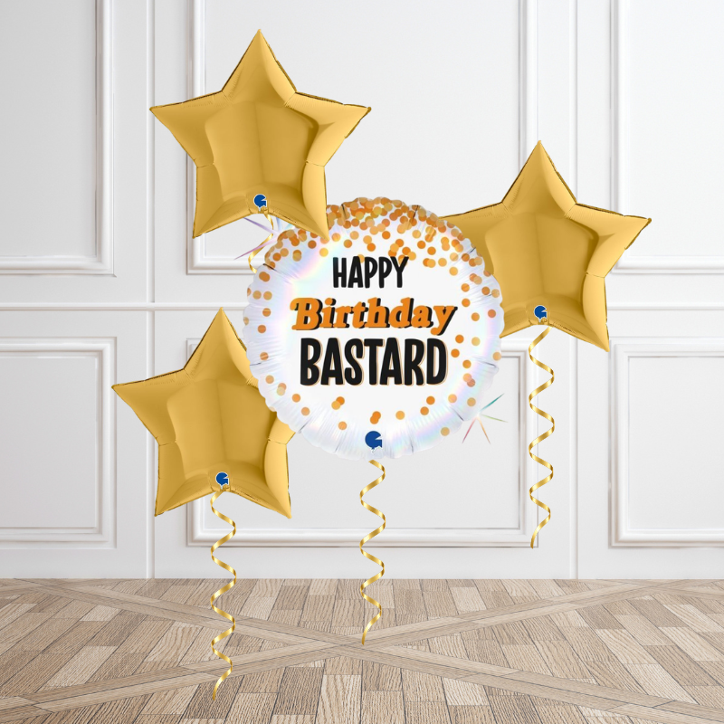 Gold Confetti “Birthday Bastard” Balloon Bouquet