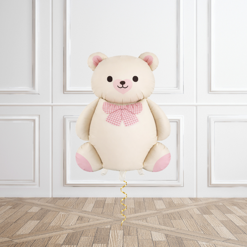 Cream Teddy with Pink Bow Helium Balloon