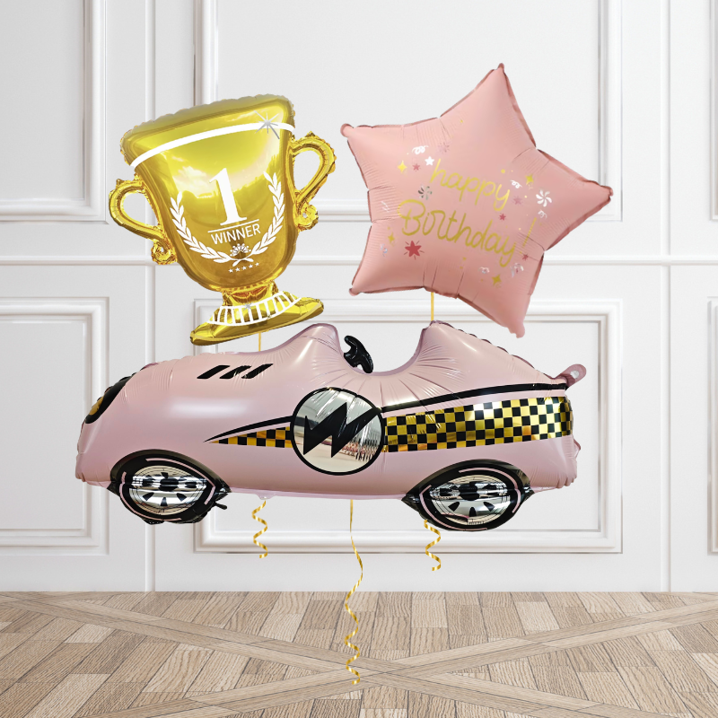 Pink Race Car Helium Balloons